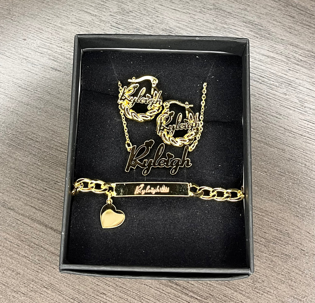 Personalized Name Plate, Bracelet and Earring Set