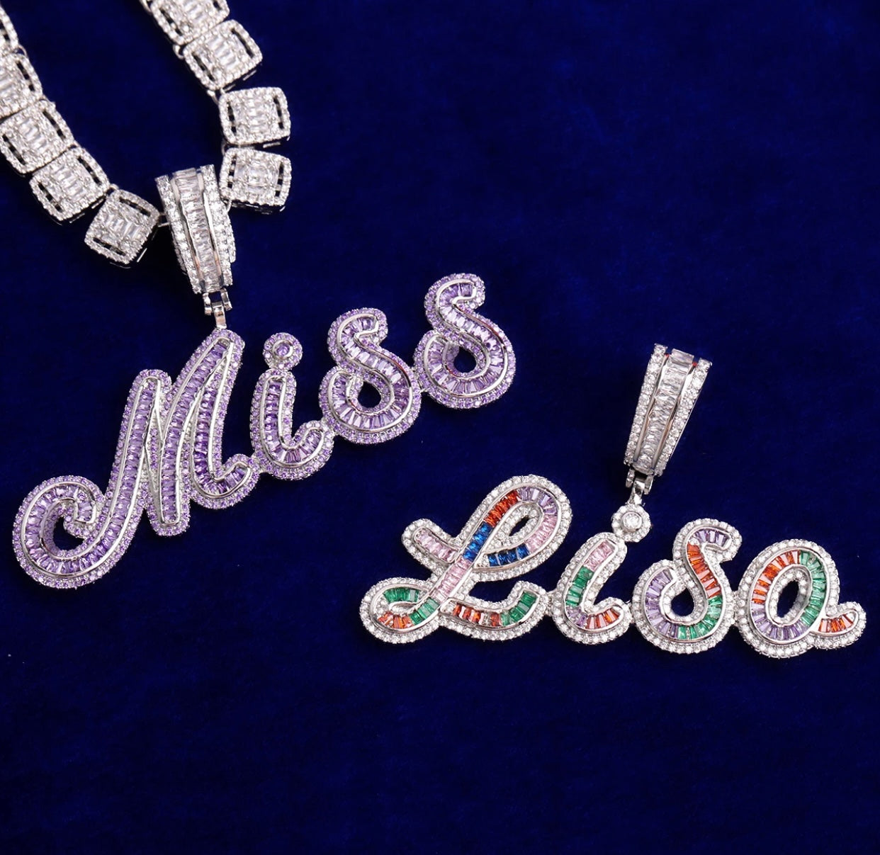Frosted Baguette Name Pendant (Baguette Chain)