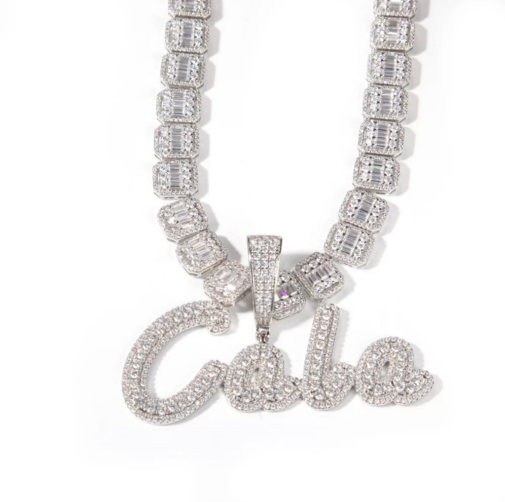Frosted Baguette Name Pendant (Baguette Chain)