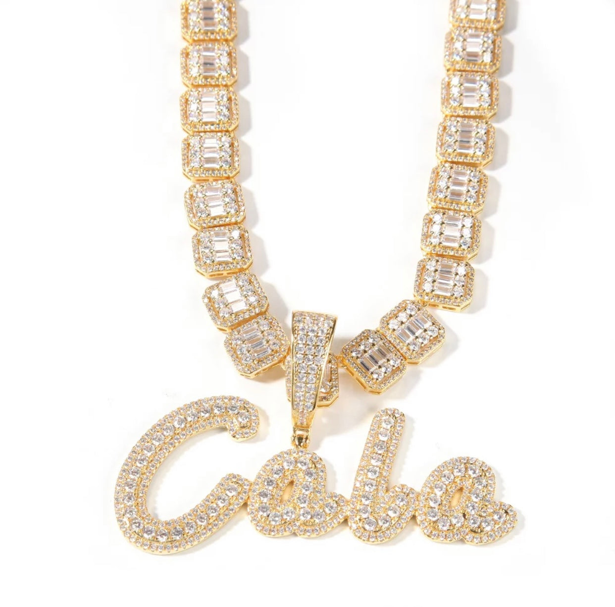 Frosted Baguette Name Pendant (Baguette Chain)
