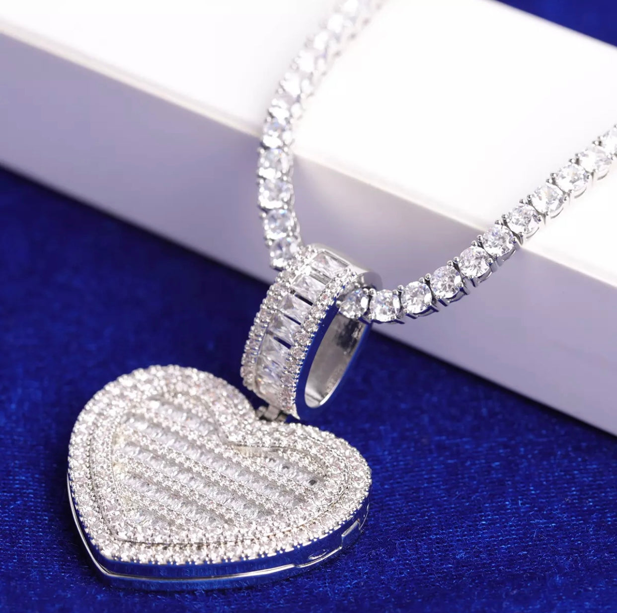 Icy Baguette Heart Photo Locket